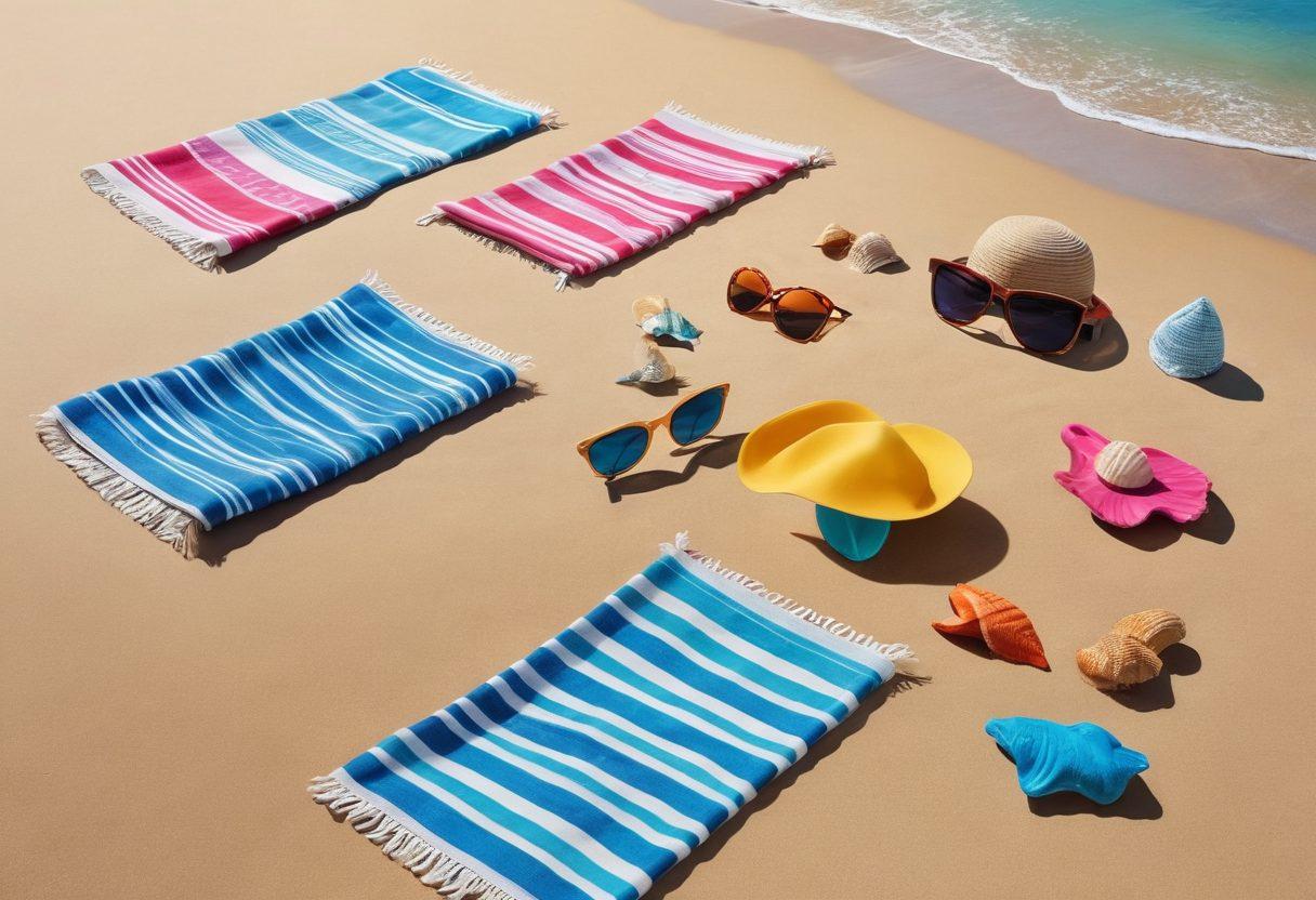 A whimsical assortment of bikini-dressed figurines showcasing diverse body types and vibrant swimwear, arranged playfully on a sun-soaked beach. Each figurine features unique accessories like shades, hats, and surfboards surrounded by colorful beach towels and seashells. The background includes a bright blue ocean and soft white sand under a clear sky. The scene should evoke a fun and collectible atmosphere. vibrant colors. super-realistic.