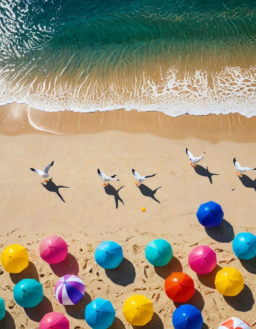 A vibrant beach scene featuring a variety of colorful swimwear dolls posed playfully on the sand, surrounded by beach-themed collectibles like miniature surfboards and beach umbrellas. The dolls should showcase diverse body types and bold, stylish swimsuits, with a dazzling ocean backdrop and sunlight shimmering on the waves. Add playful seagulls overhead and an inviting beach ball nearby to enhance the lively atmosphere. bright colors. beach-themed. playful style.