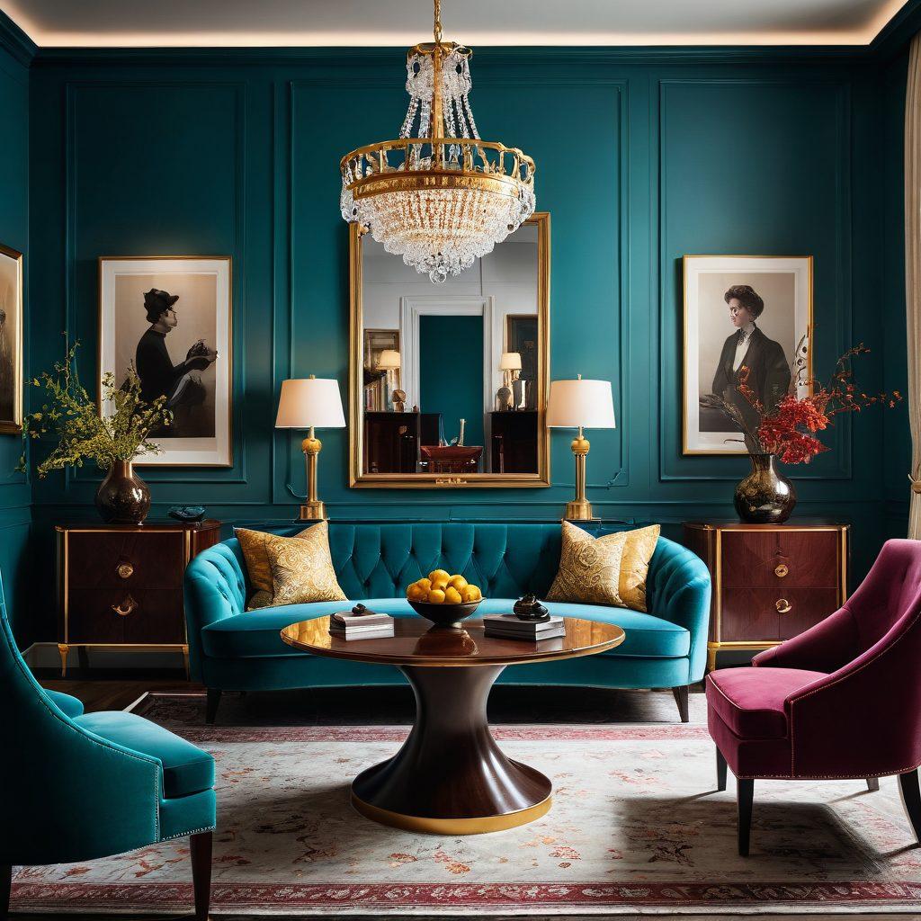 A beautifully styled room showcasing a harmonious blend of vintage and modern curvaceous collectibles, featuring elegant furniture designs with bold curves and rich textures. Soft lighting casts gentle shadows, enhancing the complex shapes of the items on display. Include a rich color palette with gold, teal, and deep burgundy accents, emphasizing the unique forms of the collectibles. The background should be subtly blurred to create a cozy atmosphere. super-realistic. vibrant colors. 3D.